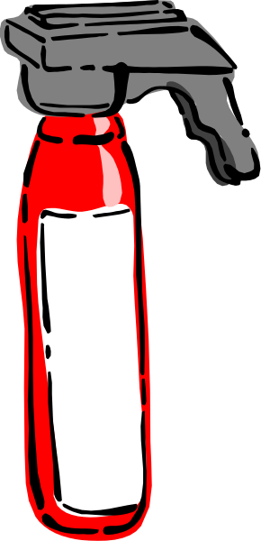 The image shows a red fire extinguisher with black text on it against a gray background.