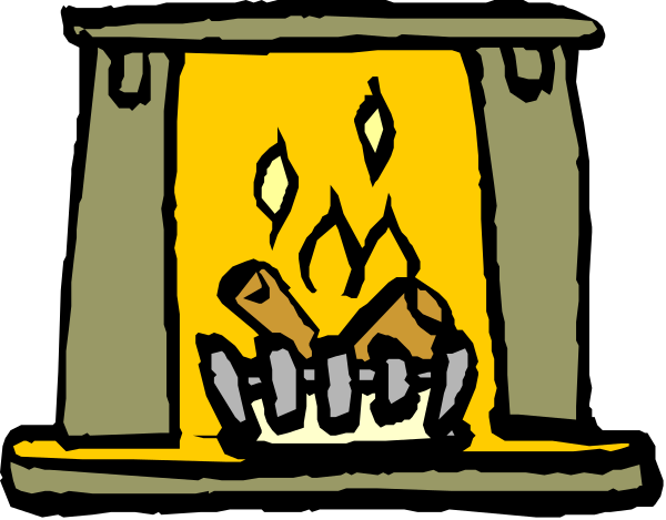 The image shows a fireplace with logs burning inside it next to two candles on either side of an open book that is placed in front of the hearth.