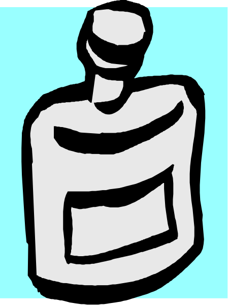 The black and white line drawing shows a bottle of alcohol with an abstract human figure on it standing against a blue background.