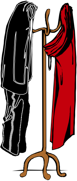 The image shows a cartoon of an ironing board with clothes on it next to a red curtain hanging from what appears to be a stand in front of which is draped another cloth item that could possibly be clothing as well, all set against a plain background without any distinguishable features or setting.