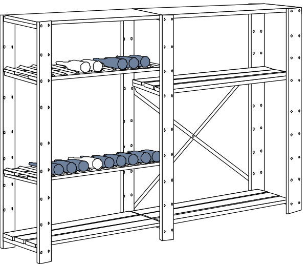 The black and white illustration shows a simple metal shelving unit with three shelves inside of it against a dark background.