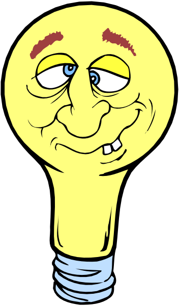 The image shows a cartoon light bulb with an exaggerated face that appears to be smiling broadly while looking directly at the viewer; it is set against a plain background.