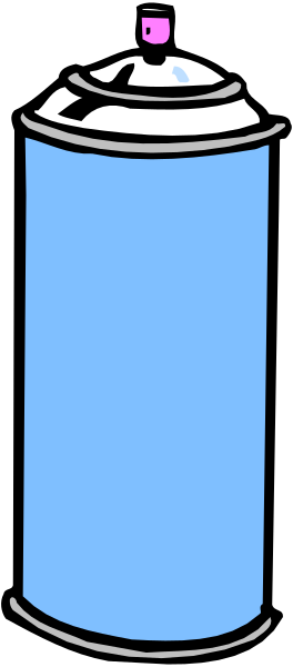 The image shows a blue can of spray paint with an open top next to it on what appears to be a gray surface.