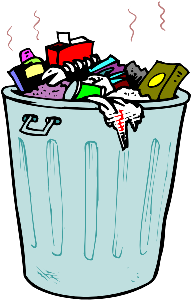 The cartoon shows a trash can overflowing with various items such as toys, food wrappers, bottles, books, and other miscellaneous garbage; it is placed outdoors in what appears to be an urban environment during daylight hours under clear skies without any people or animals visible nearby.