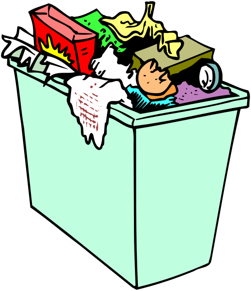 The illustration shows a trash can filled with various items such as food packaging materials like pizza boxes, bags of chips, bottles, cans, paper towels, dirty dishes including plates, bowls, cups, and utensils; there is also some litter scattered around it all.