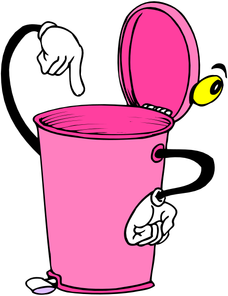 The illustration depicts a pink bucket with an arm sticking out of it holding up its index finger while standing on top of another object that resembles a trash can lid.