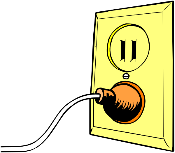 The black and white illustration shows a close up of an electrical outlet with two sockets on it against a dark background.