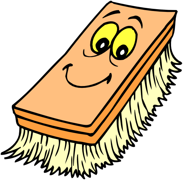 The cartoon depicts a large brown eraser with eyes on it being swept by an orange brush that has white bristles.