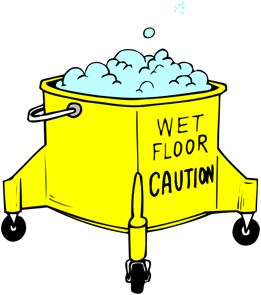 The illustration shows a yellow bucket filled with blue cleaning supplies labeled "WET FLOOR CAUTION" on top of it.