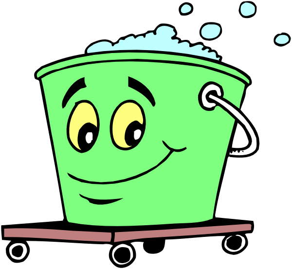 The cartoon depicts a green bucket with eyes on it riding down what appears to be an escalator while holding onto its handlebars; there is also soap bubbles coming from above indicating that water has been spilled, and two wheels can be seen at either end of the image suggesting motion or movement.