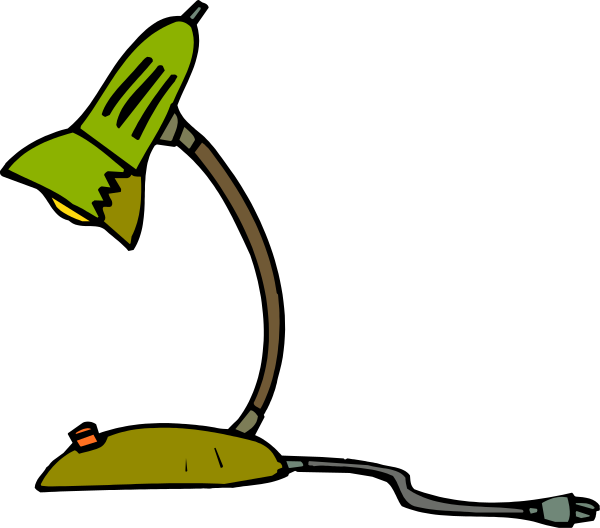 The image shows a cartoon of an office lamp with two lampshades on either side, each holding up what appears to be one half of its body; in between them is a small desk that has various items including a computer mouse and keyboard.