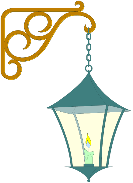 The image shows a stylized illustration of an outdoor light fixture with a candle inside it hanging from what appears to be a porch ceiling.