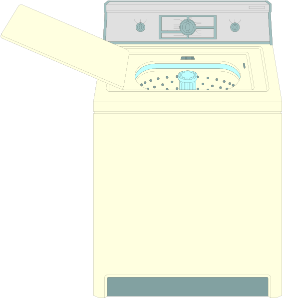 The illustration shows a cartoon of an old washing machine with its door open on top left corner against white background; it is depicted in black-and-white line drawing without any coloring information provided.