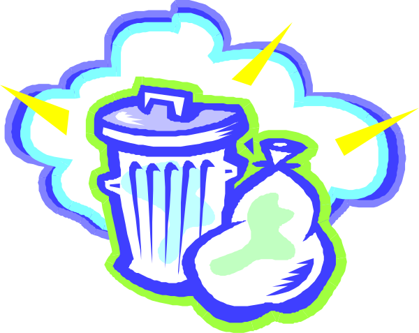 The image shows a trash can with an overflowing bag of garbage next to it on top of which is sitting a green plant in a pot. There's also some blue smoke coming out from behind these items, and above them there appears to be two yellow arrows pointing upwards towards the sky or clouds.