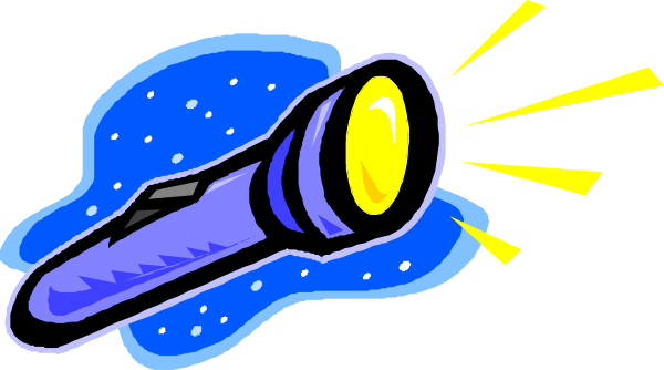 The illustration depicts a flashlight with its beam pointed upwards towards an open night sky filled with stars, suggesting exploration or discovery in space.