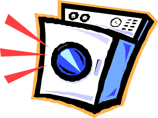 The image shows a cartoon illustration of an open washing machine door with light shining out from it against a dark background.