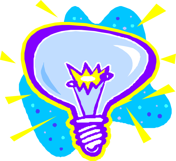 The image shows a cartoon light bulb with an idea symbol inside it against a background of blue stars on black space.