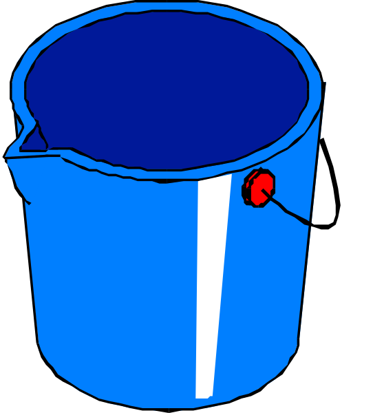 The image shows a blue bucket with two different designs: on top it has an open lid revealing its interior; below that is another design showing water pouring out of one side into a container labeled "water."