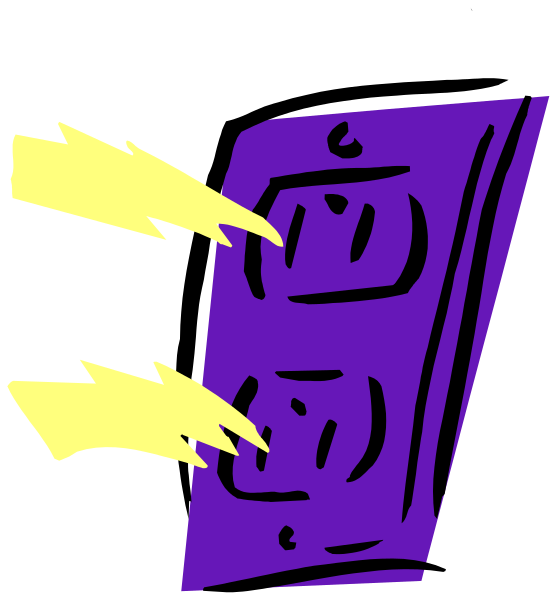 The image shows a purple book with two lightning bolts on it next to an outlet strip that has three plugs in its slots.