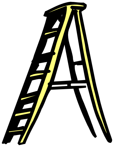 The image shows a black silhouette of an A frame ladder with yellow rungs against a dark background.