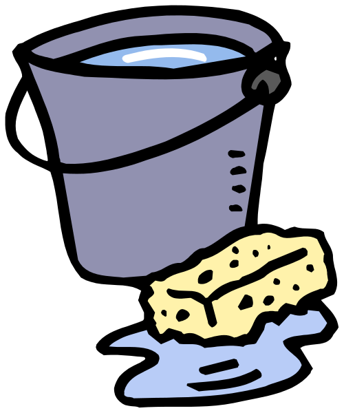 The cartoon shows a blue bucket with water inside it next to some sponges on what appears to be a black surface; there is also an image of soap bubbles above the bucket suggesting that someone has just poured liquid into it, and below the bubble-like shape, you can see two yellowish objects resembling bars or blocks.
