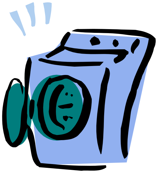 The image shows a cartoon of an automatic washing machine with its door open against a dark background.