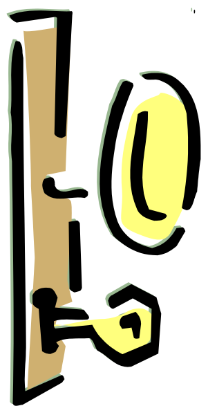 The image shows a cartoon of an open door with a yellow doorknob on it against a dark background.
