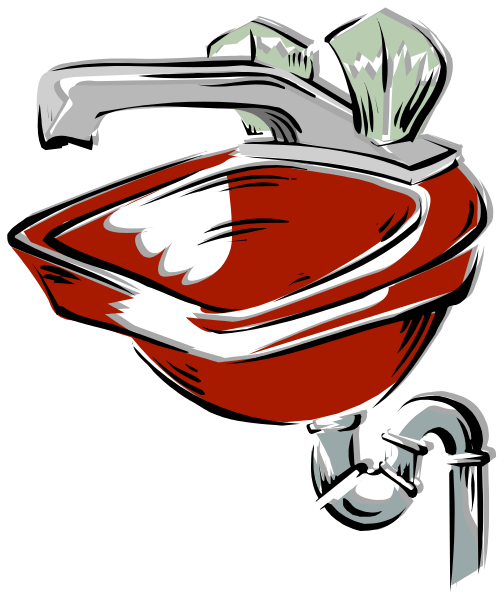 The black and white illustration shows a red sink with two faucets on top of it; there is no visible text in this image.
