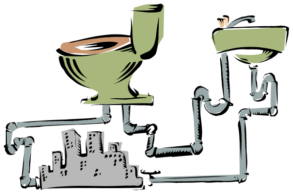 The illustration depicts a toilet with an open lid next to pipes that lead into it from various directions; there is also another pipe leading out of the top right corner towards what appears to be a factory, and atop this structure sits a person's head wearing glasses looking down on both.