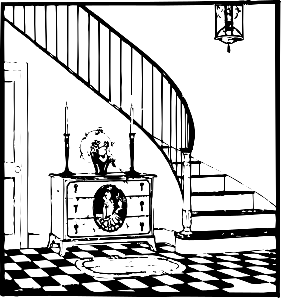 The black and white illustration depicts a classic staircase with an old wooden banister leading to another floor of a house.