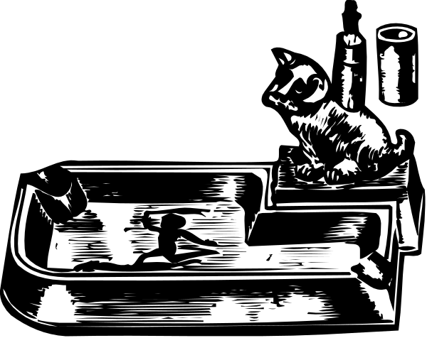 The black and white illustration shows a cat sitting on top of an open drawer next to what appears to be a sink with various items inside it; there is also another object that resembles a person standing near the edge, but due to its small size in relation to other objects, this figure's details are not clear.