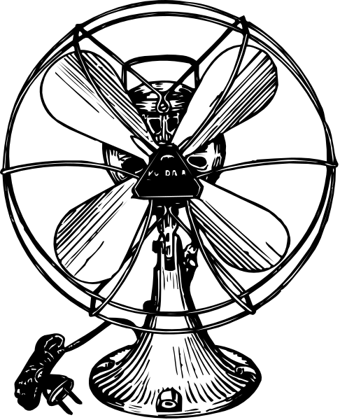 The black and white illustration shows a fan with three blades on top of it.