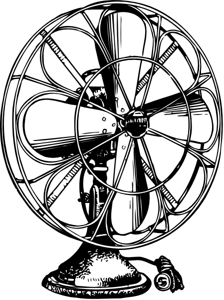 The black and white illustration shows a vintage fan with three blades on top of it.