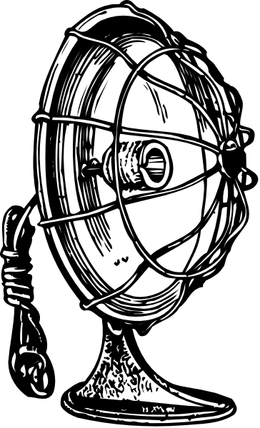 The black and white illustration shows a vintage fan with two blades on top of it against a dark background.