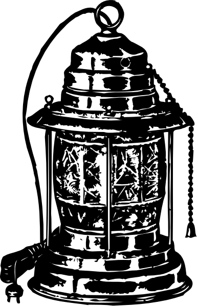 The black and white illustration shows a traditional lantern with intricate designs on its body hanging from what appears to be an outdoor structure like a lamp post against a dark background.