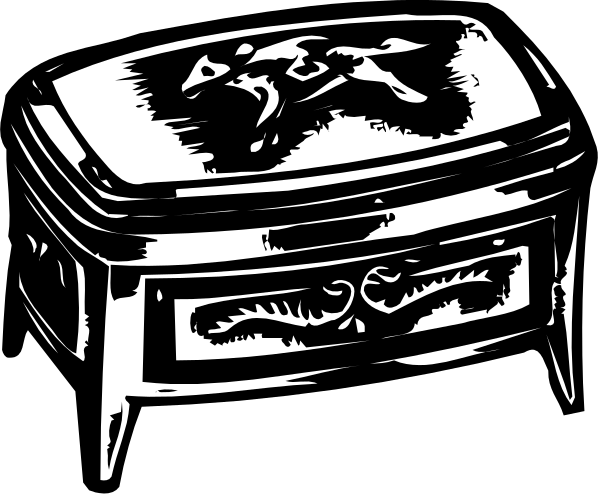 The black and white illustration shows a pair of antique boxes with intricate designs on their lids placed side by side against an unseen background.