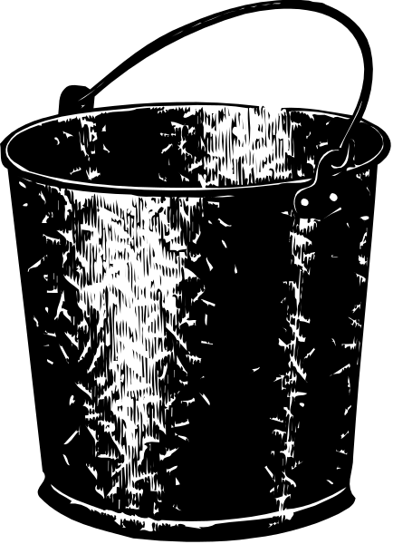 The black and white illustration shows a bucket with water inside it placed on top of another object that appears to be an ice cream cone-shaped container filled with what looks like gravel or sand.