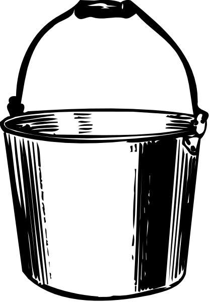The black and white illustration shows a bucket with water inside it placed on top of another similar empty bucket that is also sitting atop an even larger one in which there's no visible liquid.