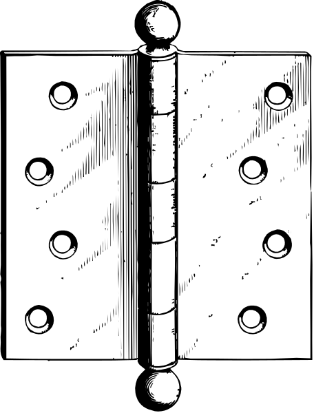 The black and white illustration shows a hinge with four bolts on it against a dark background.