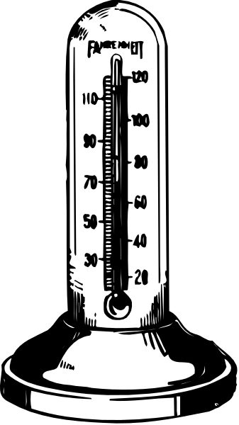 The black and white illustration shows a thermometer with an analog scale indicating temperature readings from 0 to 145 degrees Fahrenheit in increments of five degrees; it is set against a dark background, possibly representing coldness due to its design resembling ice or snowflakes. There are no other objects present within the image frame. The style appears simple and cartoonish with clear lines defining shapes without any shading details that would suggest depth or texture.