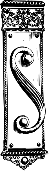 The black and white illustration shows a decorative scroll with intricate patterns on either side of it against an unadorned background.