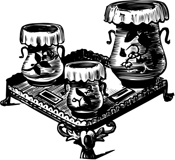The black and white illustration shows a table with three vases on it; two of them have lids while the third one is open at both ends revealing an interior design that resembles candlesticks, suggesting these might be candle holders rather than actual vessels for holding liquids or flowers.