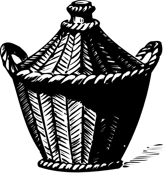 The black and white illustration shows two lanterns with rope handles; on top of each is a small boat-like structure resembling an old oil lamp design.