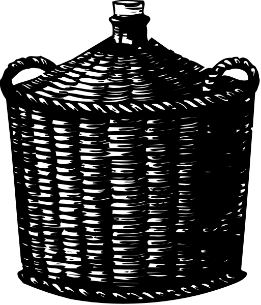 The black and white illustration shows a wicker basket with handles on top of it placed against what appears to be a dark background.