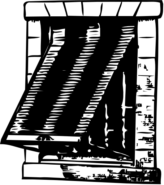 The black and white illustration shows a window with blinds partially open on an otherwise dark background.