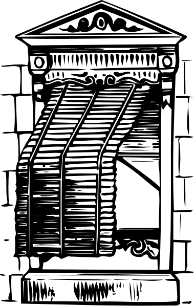 The black and white illustration shows a bookshelf with many shelves filled to capacity by various items that resemble stacks of papers or documents; above it is an architectural structure reminiscent of classical design, possibly inspired by ancient Greek architecture, featuring columns supporting what appears to be the weight of knowledge.