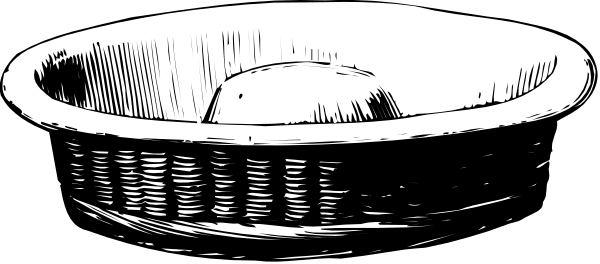 The black and white illustration shows a round woven basket with an object inside it placed on what appears to be a tabletop surface in front of two small figures that resemble humanoid forms but lack facial features, suggesting this could represent people engaged in some activity or interaction involving the contents of the bowl.