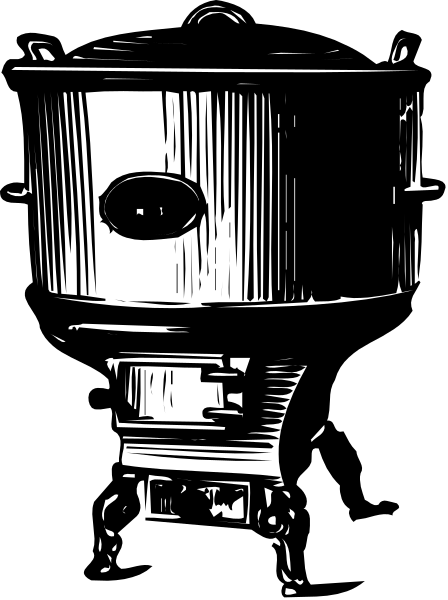 The black and white illustration shows a vintage camera with its lens facing forward on top of an old metal tripod stand in front of what appears to be a dark background.