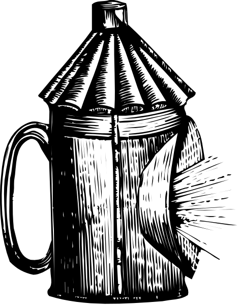 The black and white illustration shows a coffee pot with an open lid on top of it next to what appears to be a cup handle.