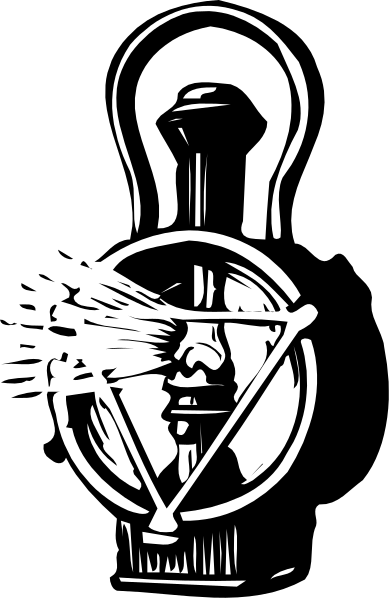 The black and white photo shows a light bulb with an illustration of a face on it against a dark background.